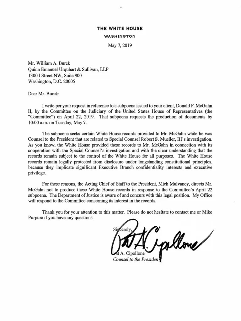 Letter White House 2019