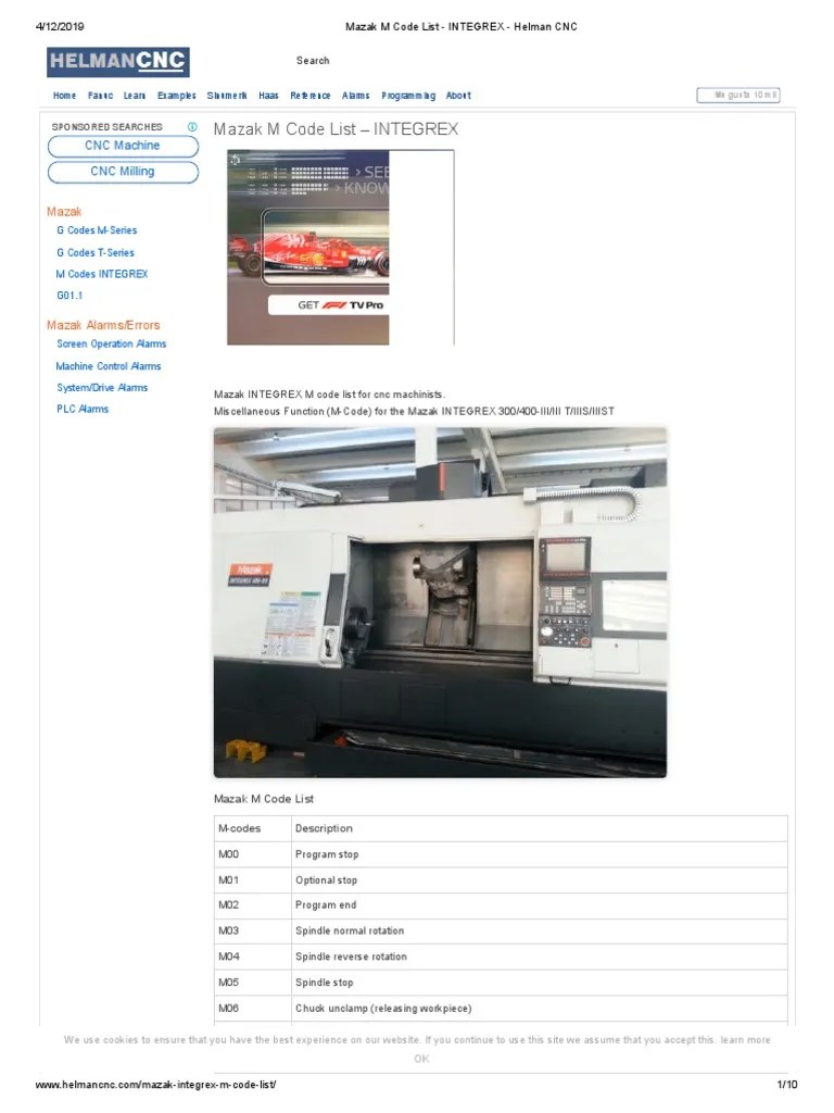 Mazak M Code List INTEGREX CNC Machine CNC Milling