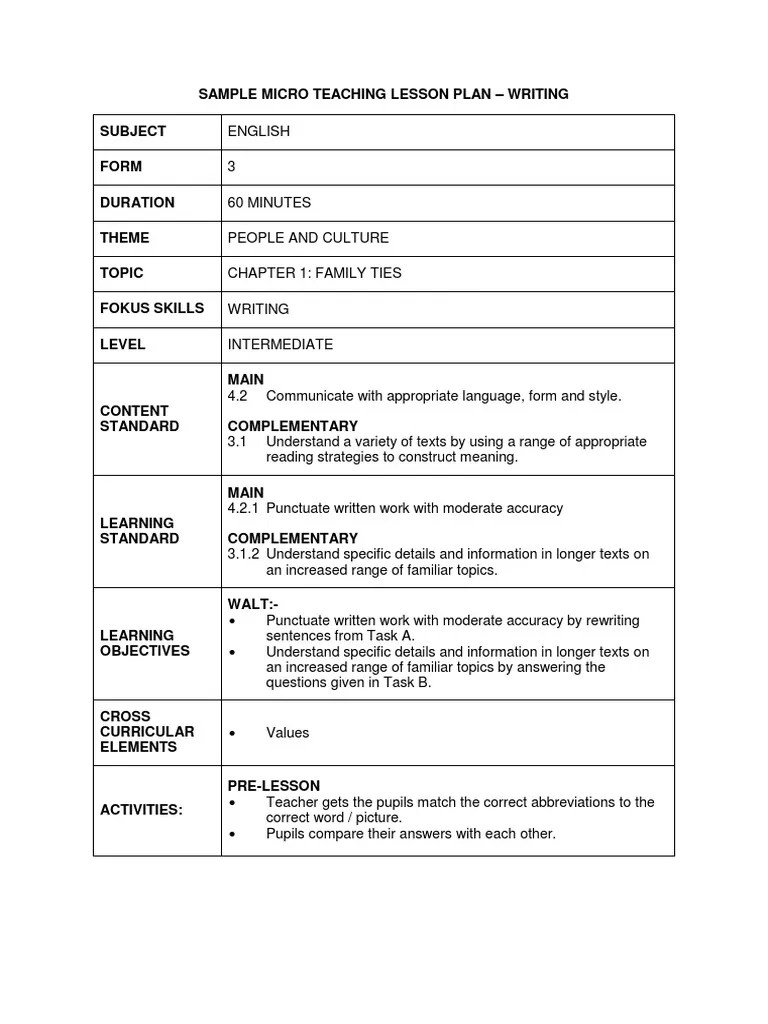 Sample Micro Teaching Lesson Plan Writing Lesson Plan Sentence