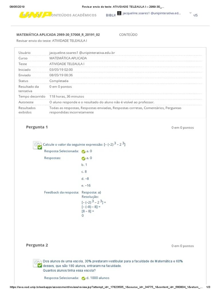 Atividade Teleaula I Matematica Aplicada UNIP Física e matemática