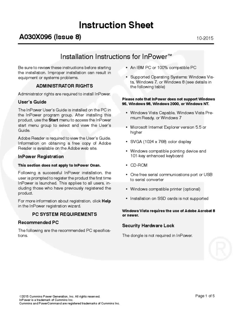 Instruction Sheet Installation Instructions For Inpower PDF