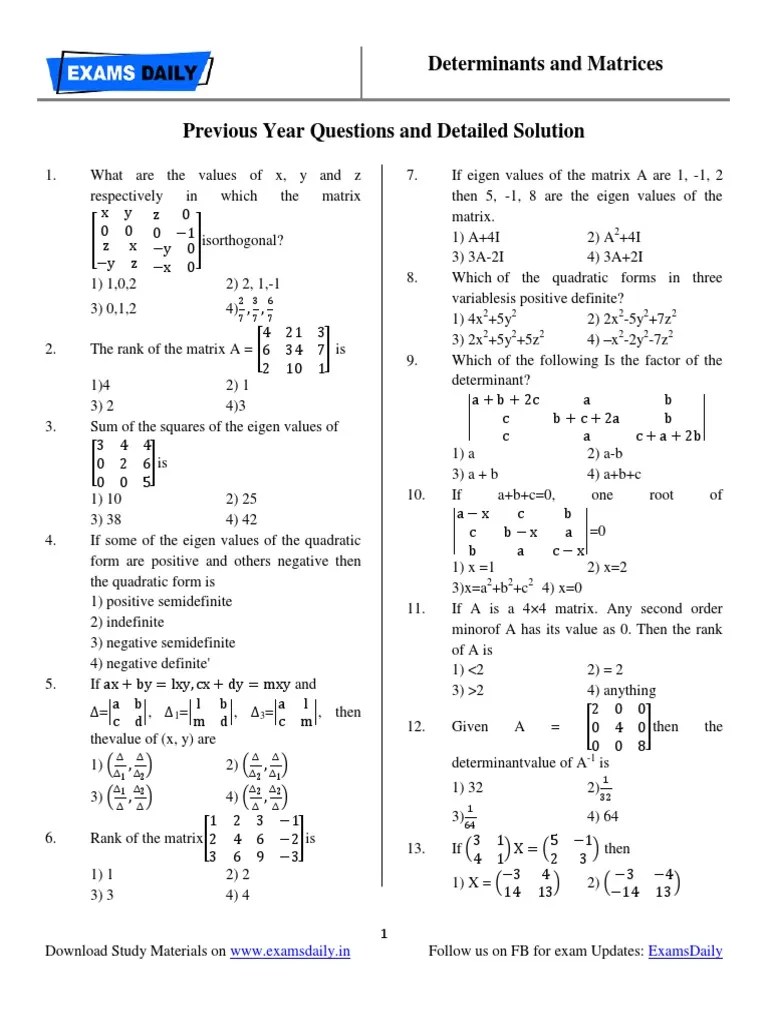 Determinants and Matrices Previous Year Questions With Answer PDF