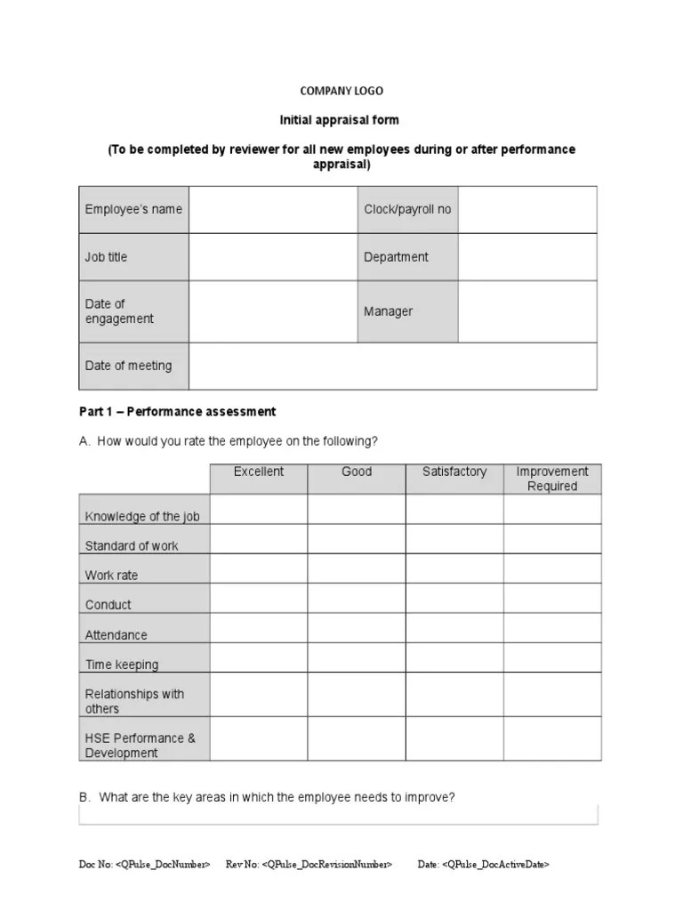 Staff Appraisal Template Employment Business