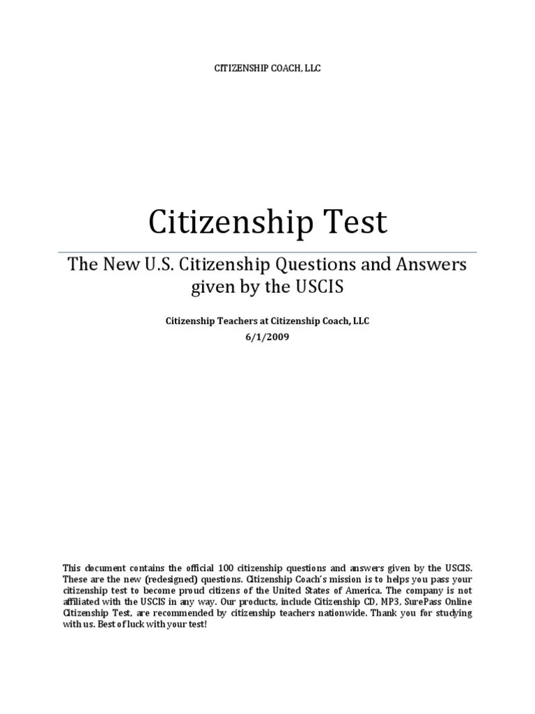 Citizenship Test PDF Citizenship Of The United States United