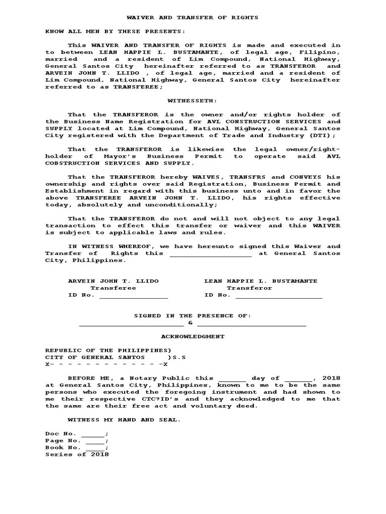 Waiver and Transfer of Rights PDF Property Law Property