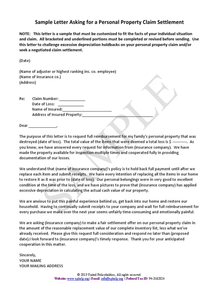 Sample Letter Requesting Personal Property Settlement Insurance