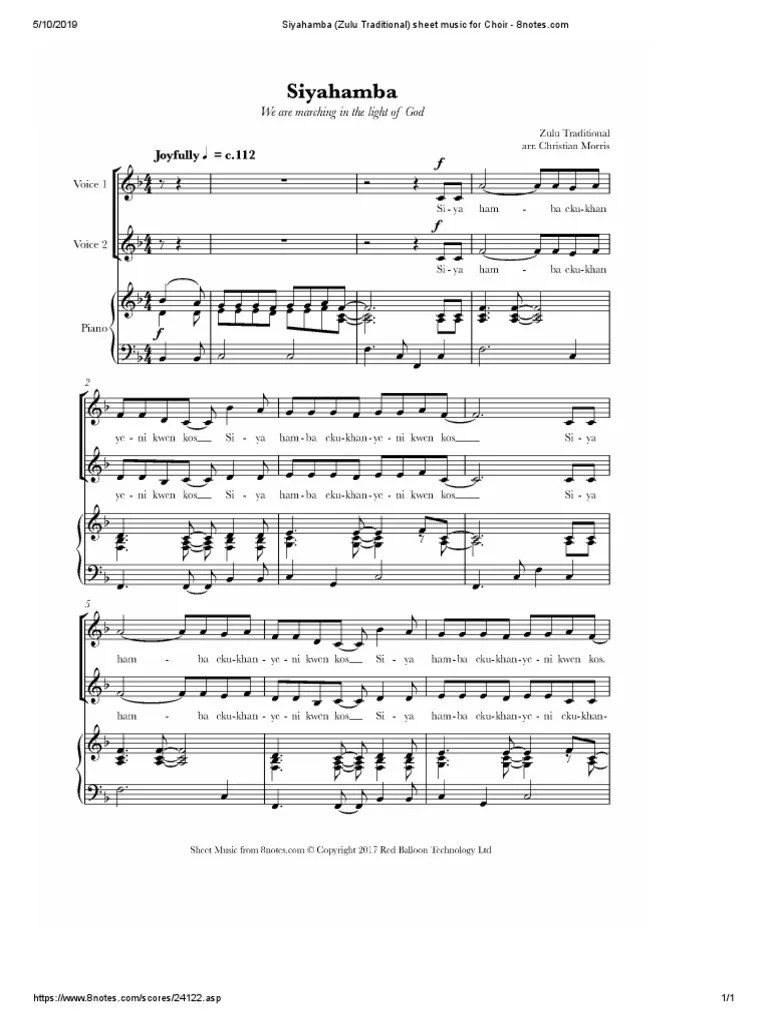 Siyahamba Zulu Traditional Sheet Music For Choir 8notes PDF