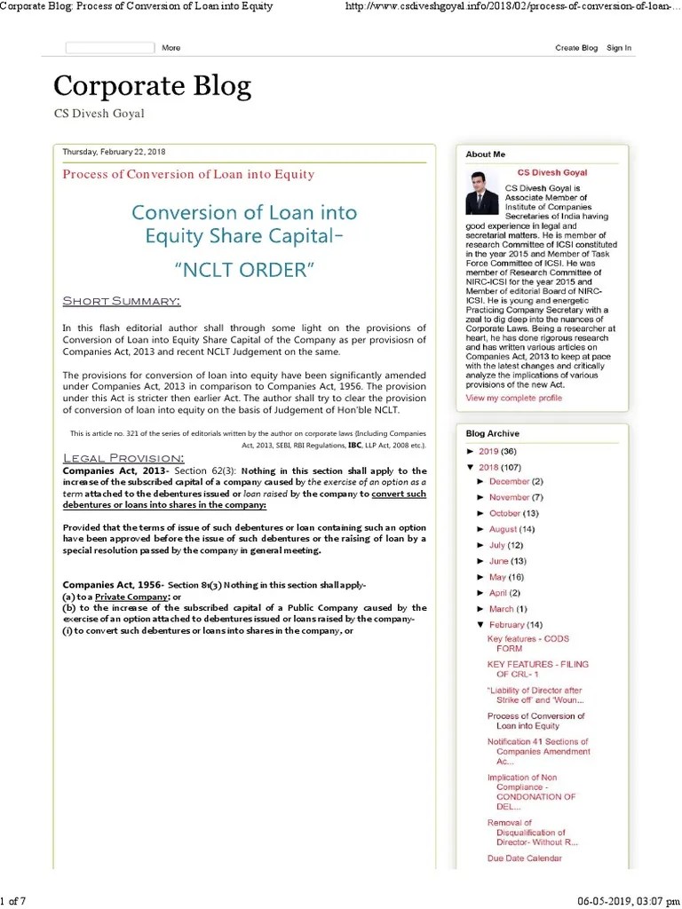 Corporate Blog Process of Conversion of Loan Into Equity PDF