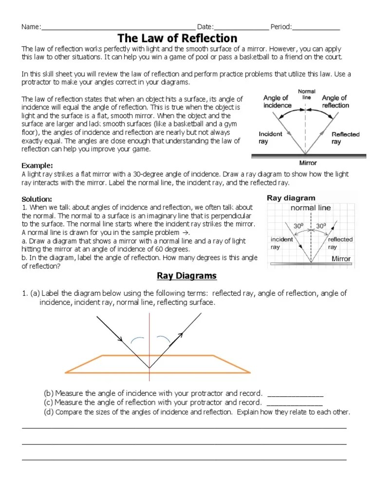 Reflected Ray Worksheet PDF Reflection (Physics) Mirror
