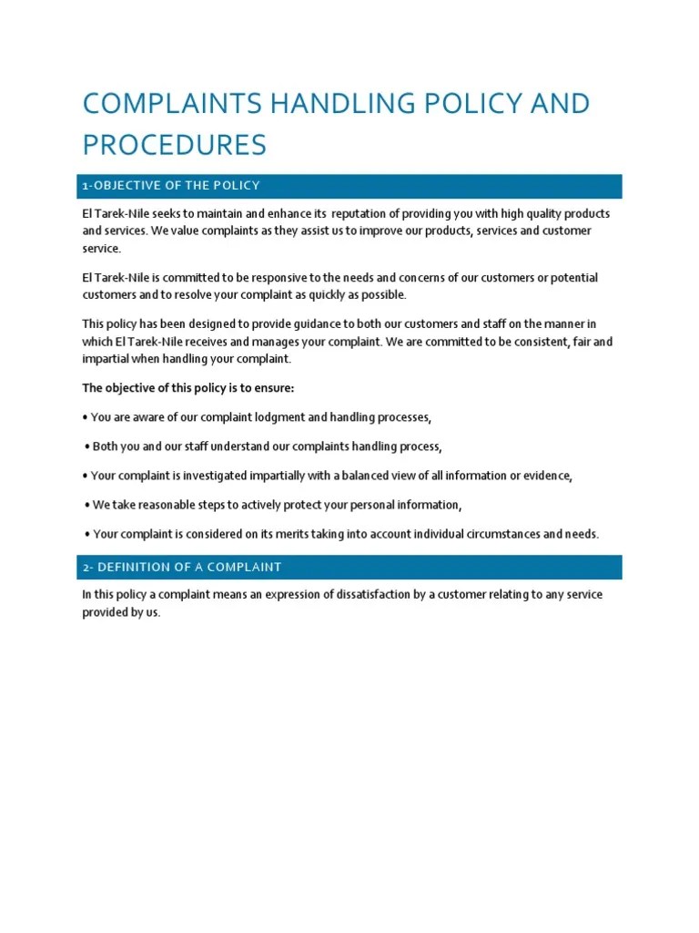 Complaints Handling Policy and Procedures Discovery (Law) Complaint