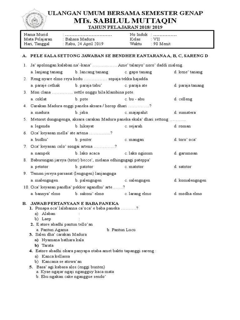 Soal Dan Pembahasan Pat Bahasa Madura Kls 7 Smstr 2 Jawabanku Id