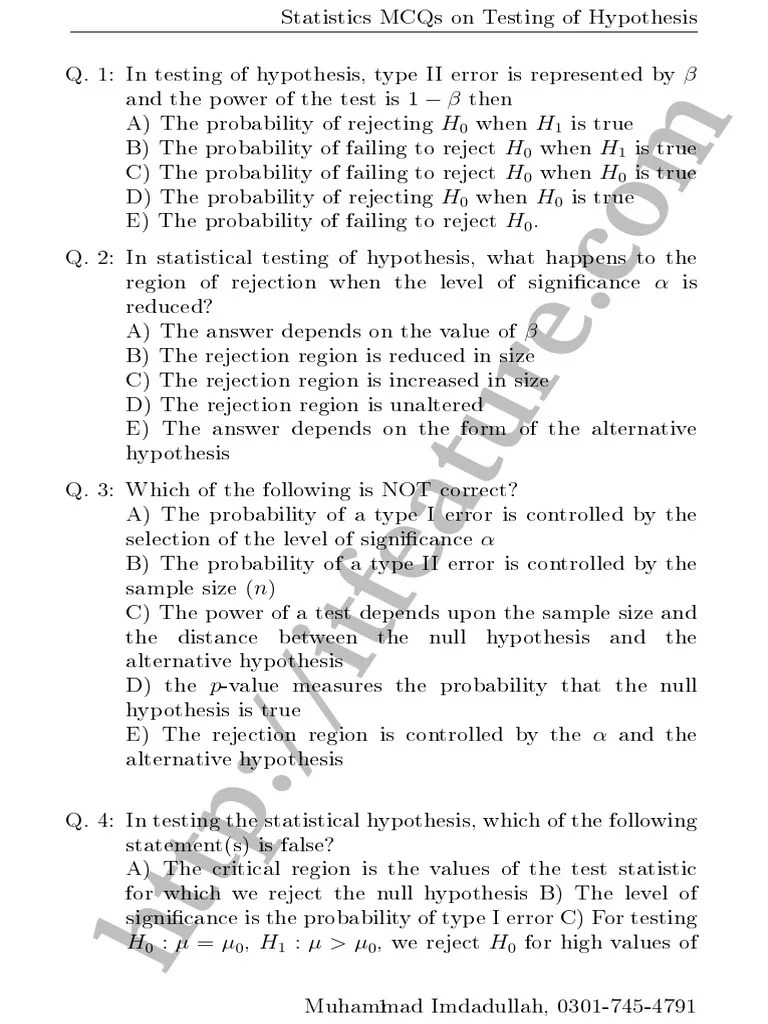 MCQ Hypothesis Testing 4 PDF P Value Type I And Type Ii Errors