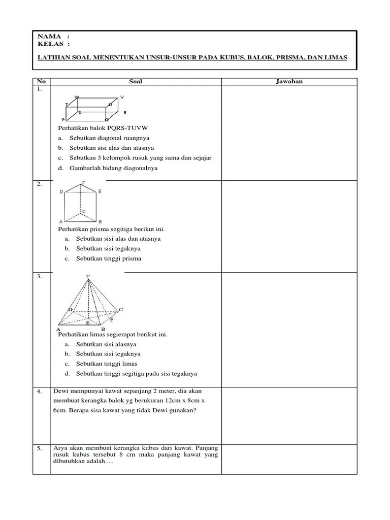 Soal Unsur Unsur Kubus Beserta Jawabannya