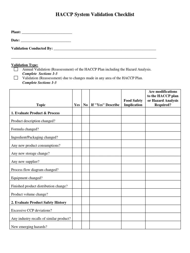 HACCP Validation Checklist (Annual Reassement) PDF Hazard Analysis