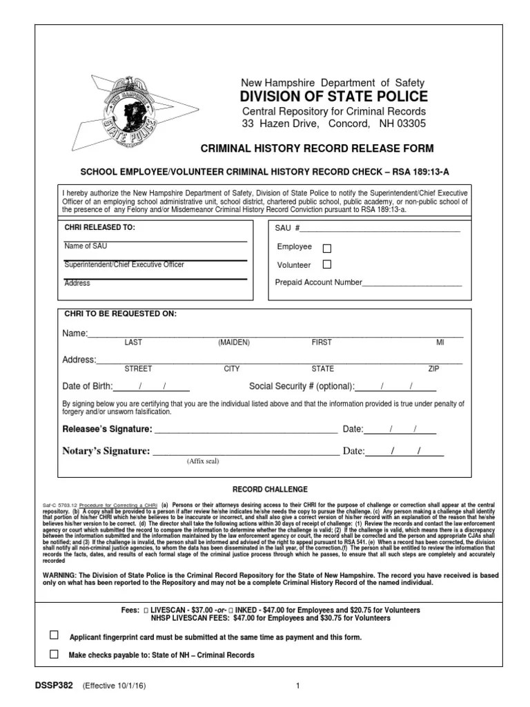 Division Of State Police Criminal History Record Release Form