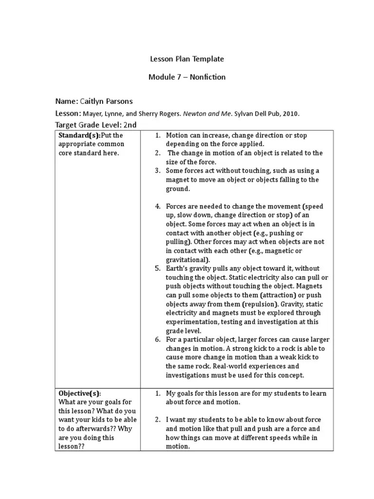 Lesson Plan Template Module 7 Nonfiction Name Caitlyn Parsons Lesson