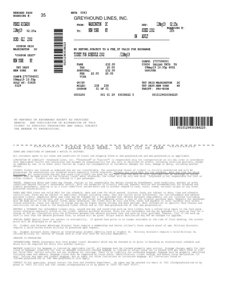 Greyhound Bus Ticket Receipt and Itinerary for Travel from Washington