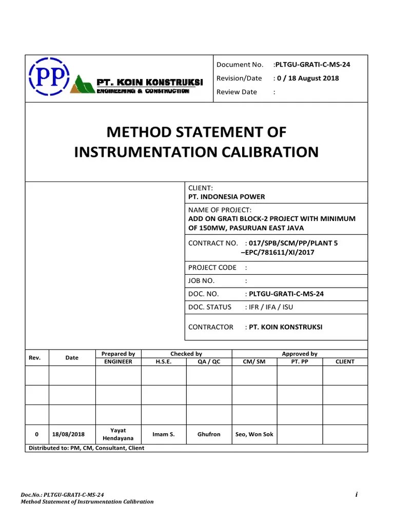 Method statement of instrumentation calibration Pressure Measurement