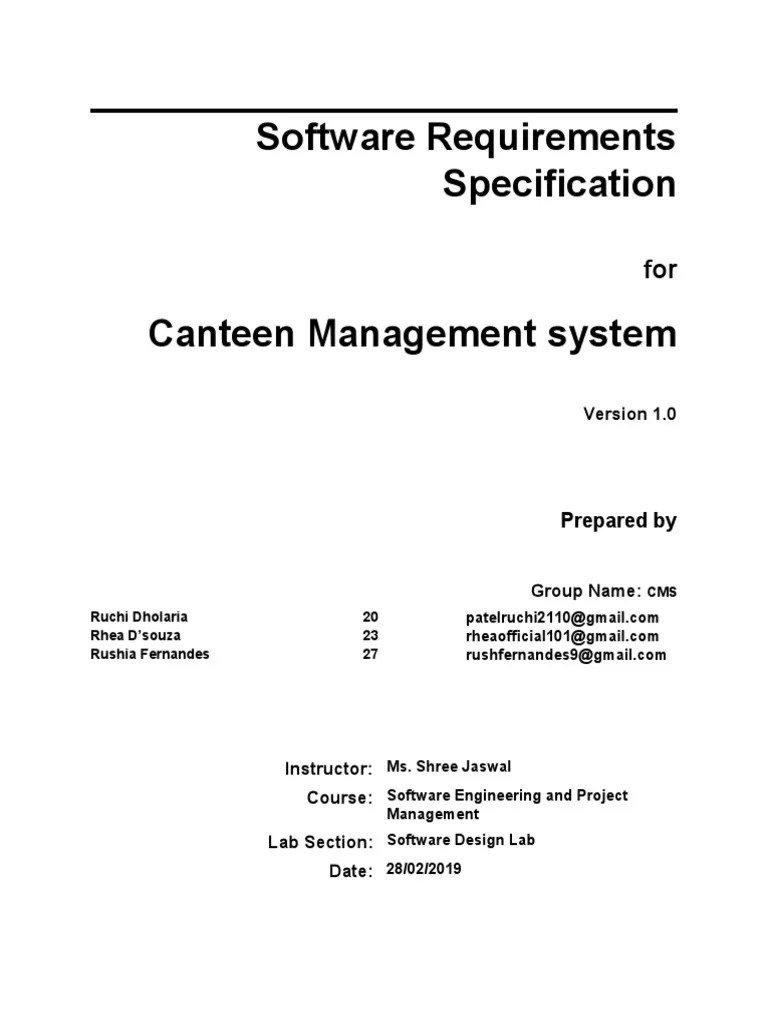 SRS For Canteen Management Specification (Technical Standard) Menu