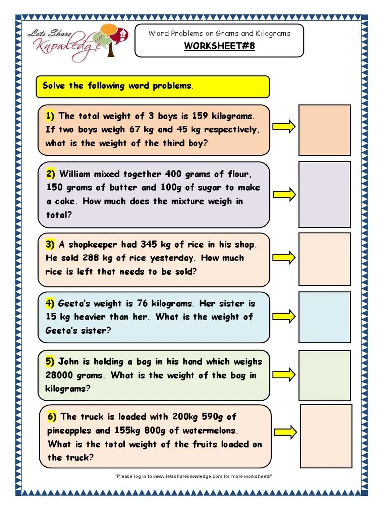 Grade 3 Maths Worksheets Word Problems On Grams and Kilograms 8 PDF