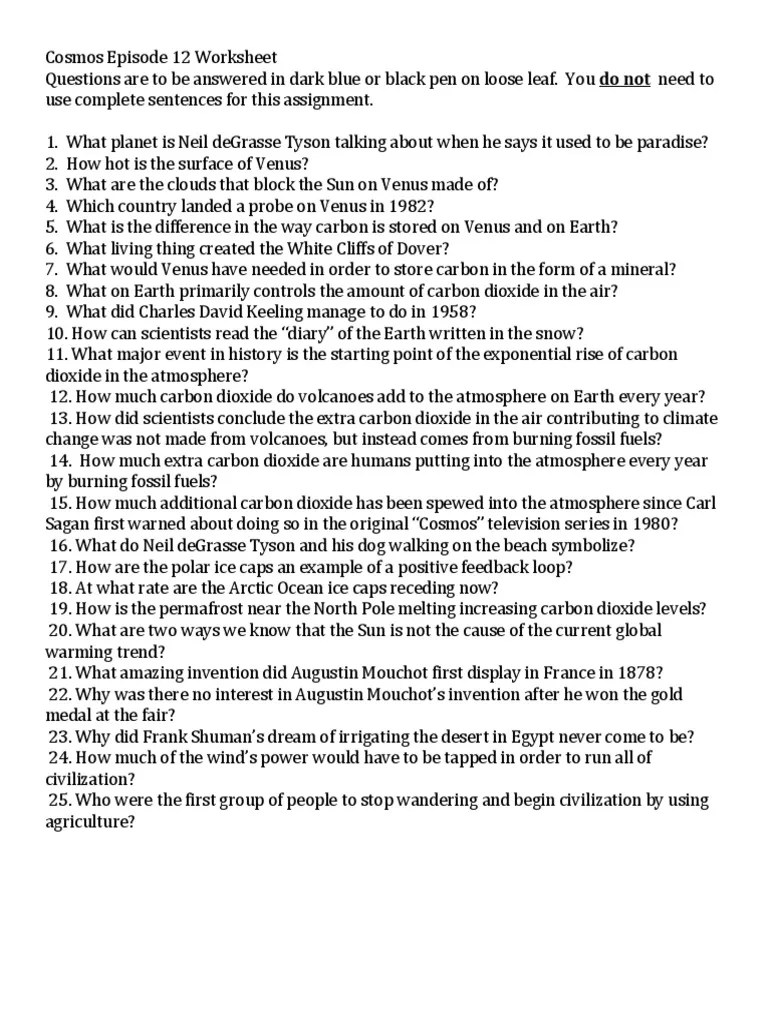 Cosmos Episode 12 Worksheet PDF Venus Atmosphere Of Earth