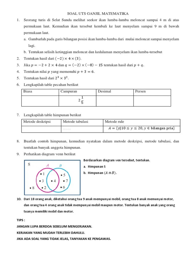 Contoh Soal Soal Matematika Kelas 7 Semester 1 Tentang