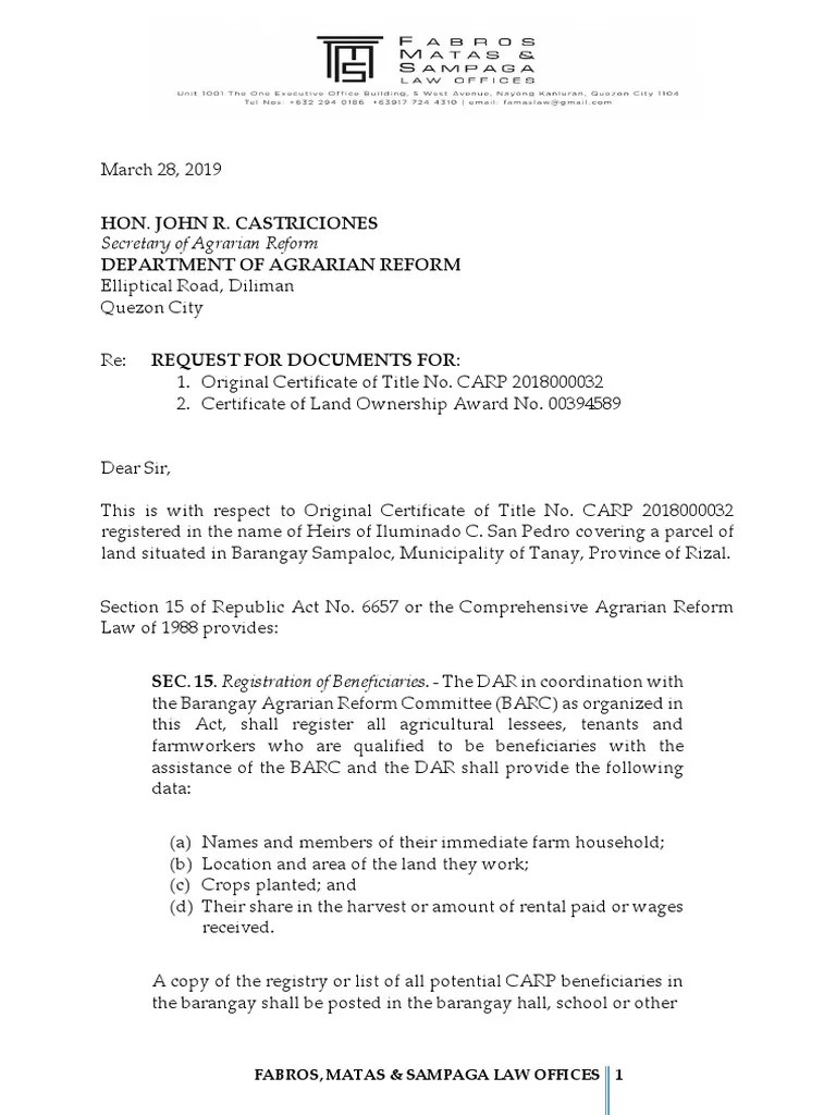 DAR Request Letter PDF Law And Economics Urban
