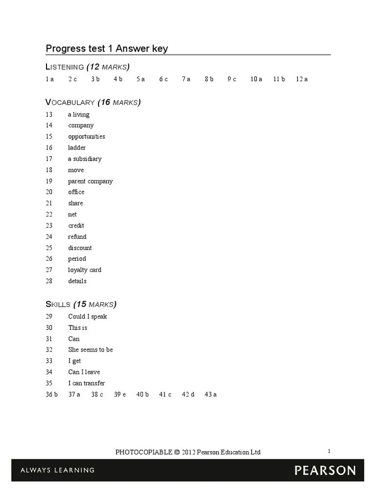 Intermediate progress test keys. Intermediate progress test keys