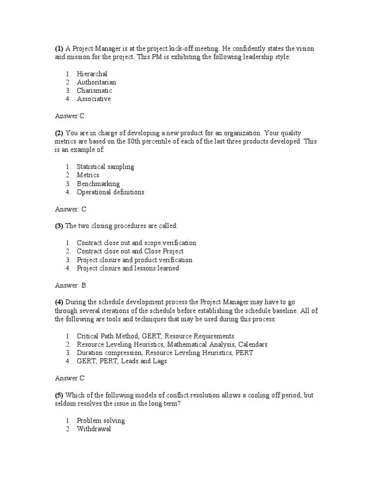 Project Management Exam Project Management Self Actualization