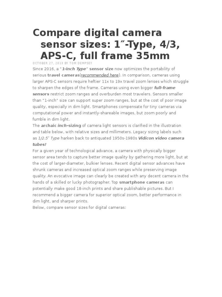 Compare Digital Camera Sensor Sizes PDF Digital Single Lens Reflex