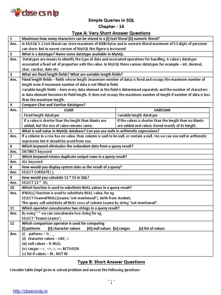 Simple Queries in SQL Chapter 14 Type A Very Short Answer Questions PDF Data Type Databases