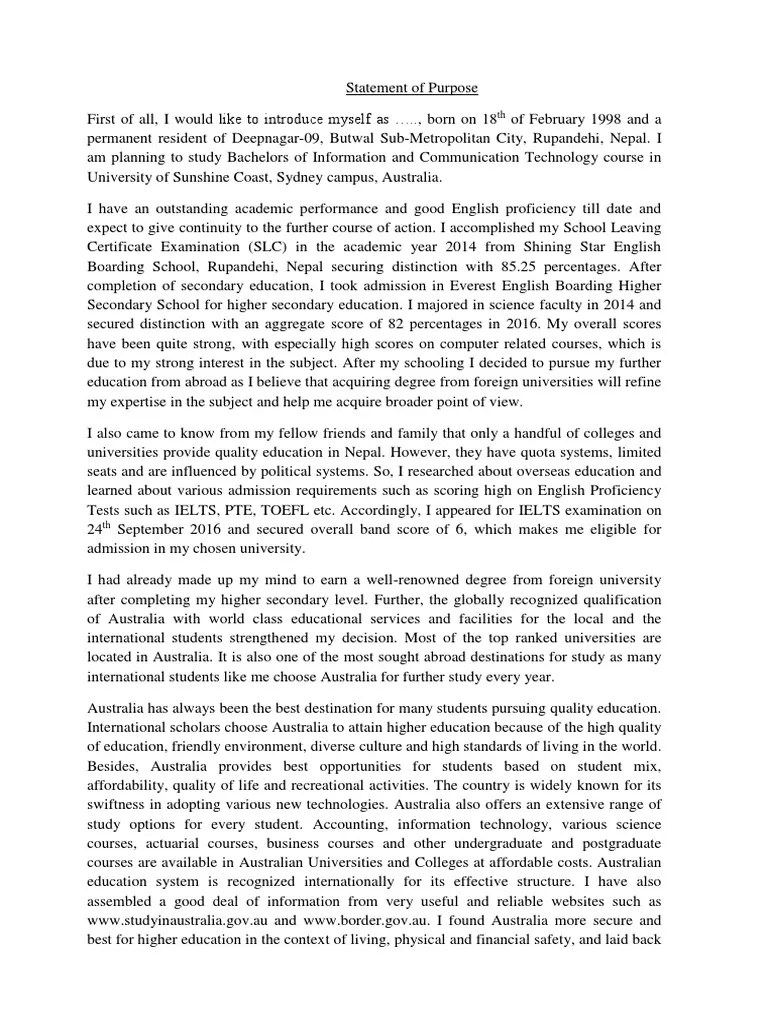 Sample Sop Information Technology IT Programmer International Student