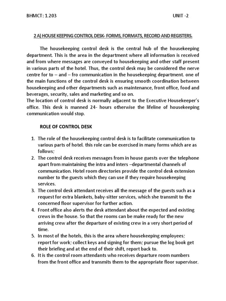 2 A) House Keeping Control DeskForms, Formats, Record and Registers