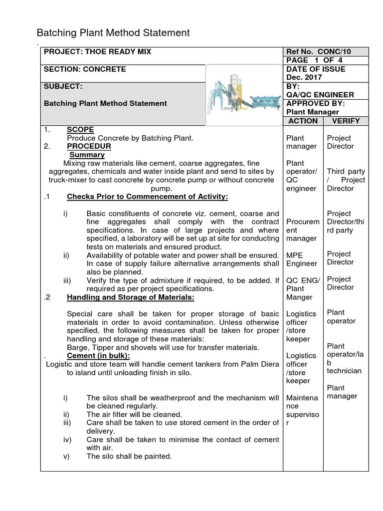 Batching Plant Method Statement PDF PDF Construction Aggregate