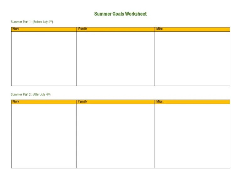 Summer Goals Worksheet Work Family Misc PDF