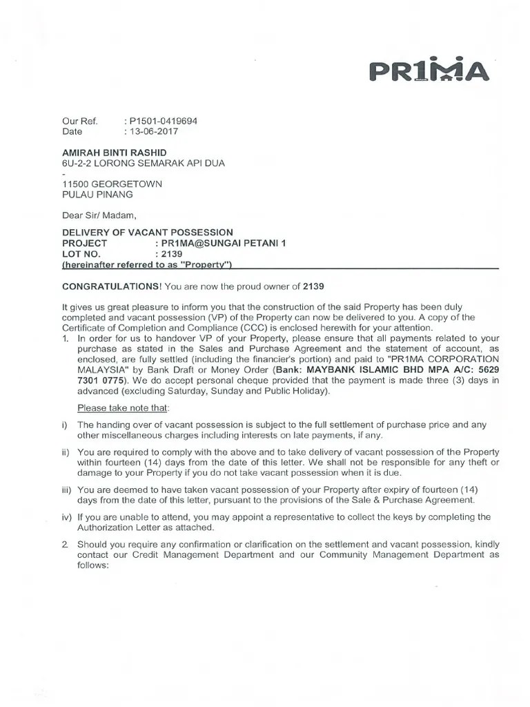 Vacant Possession Notice 2139 Amirah Binti Rashid PDF PDF