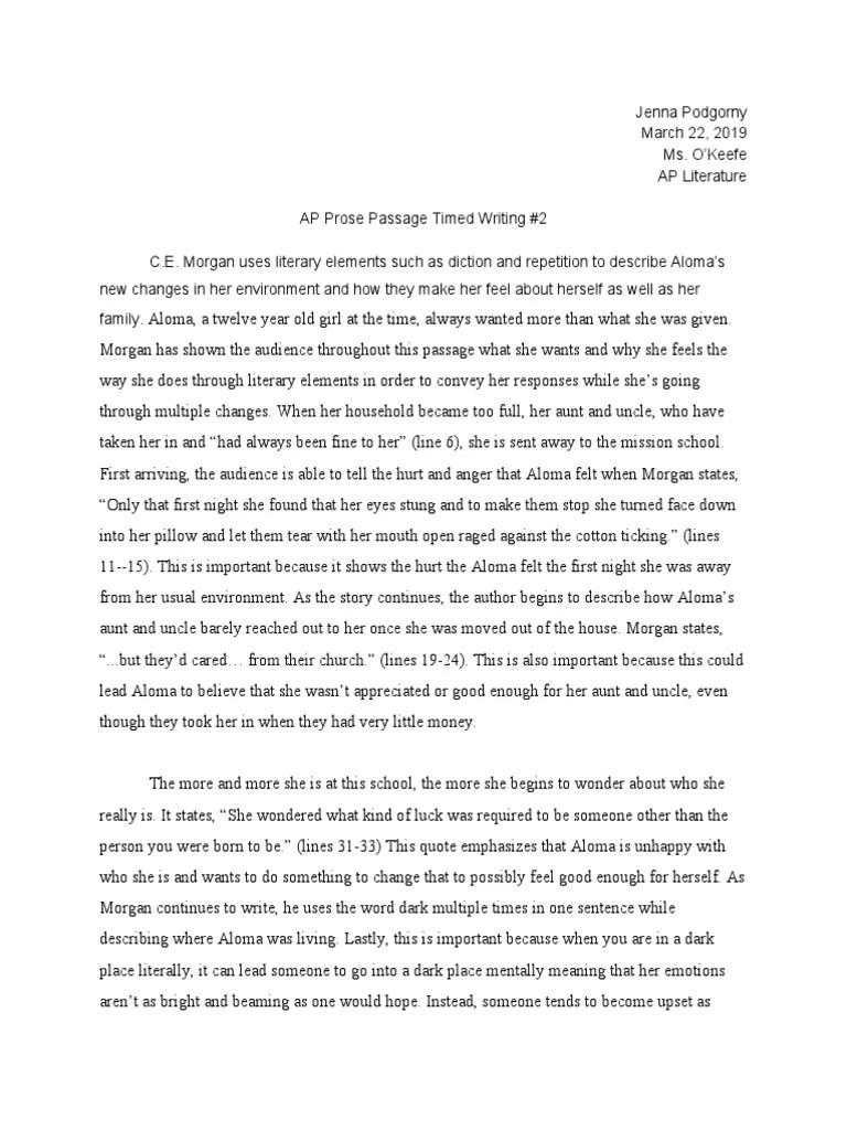 ap prose passage timed writing 2 Fiction & Literature