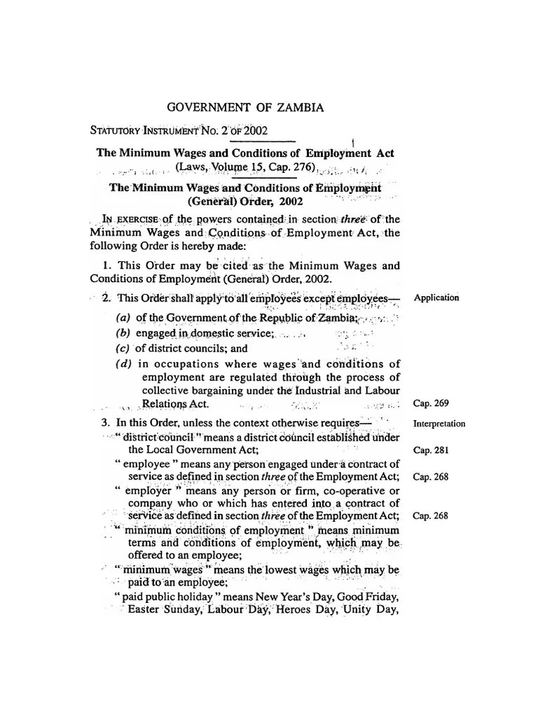 Government of Zambia Statutory Instrument'No 2'of2002 The Minimum Wages and Conditions of