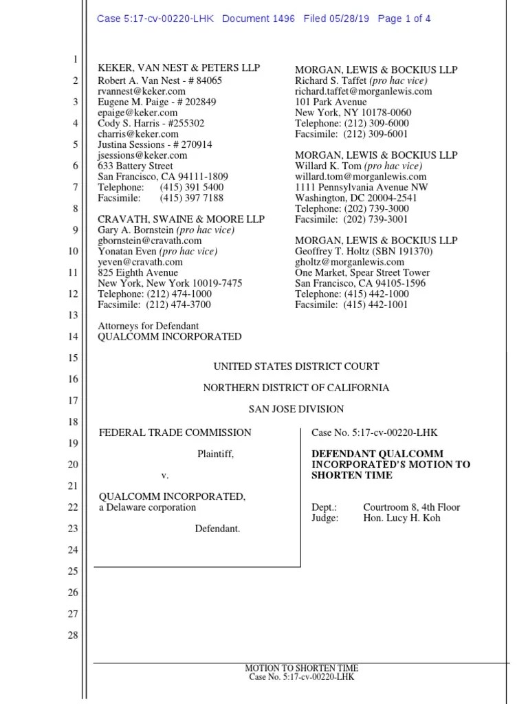 190528 Motion to Shorten Time Federal Trade Commission
