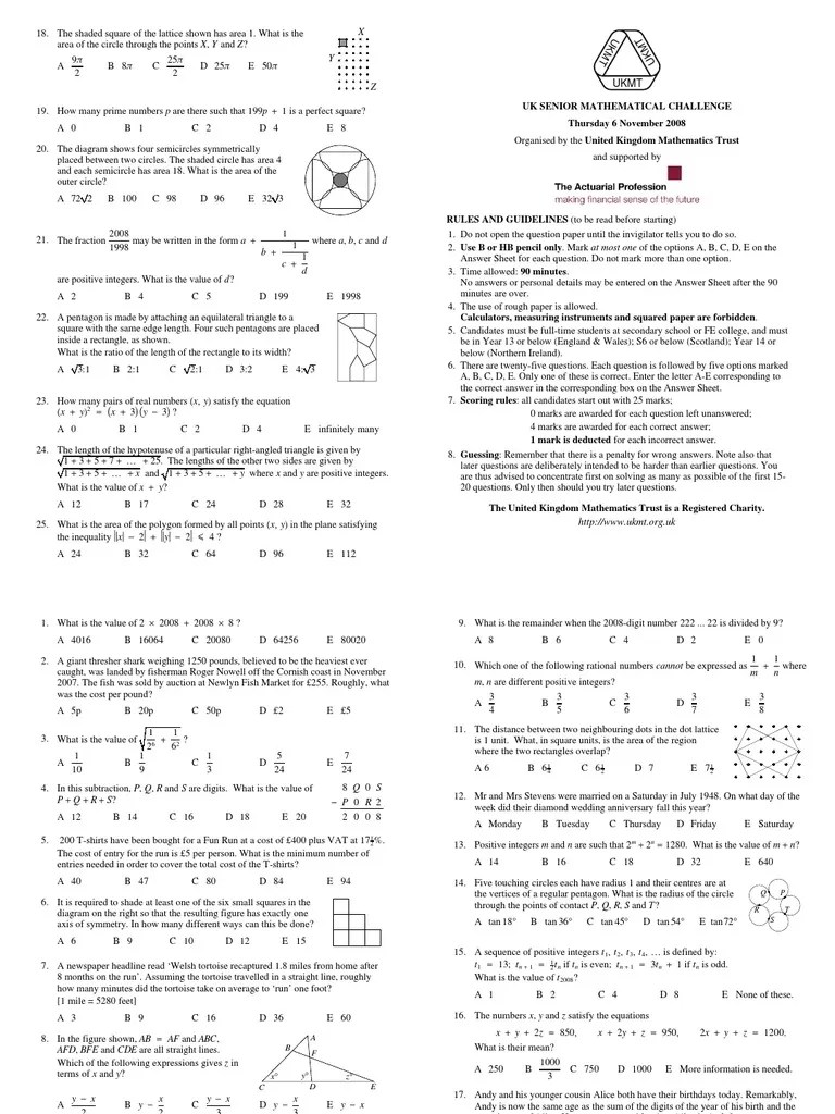 Senior Maths Challenge 08 Questions PDF Triangle Numbers