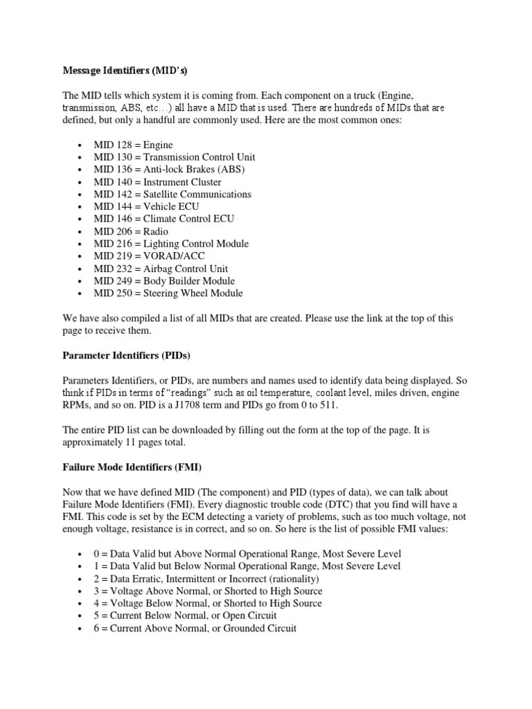 Sid, Mid, Pid, Fmi | PDF | Anti Lock Braking System | Fuel Injection