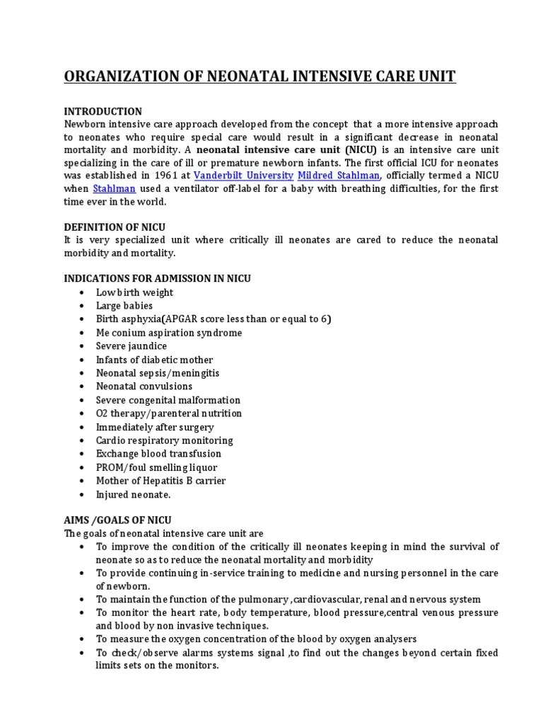 Organization of Neonatal Intensive Care Unit Vanderbilt University