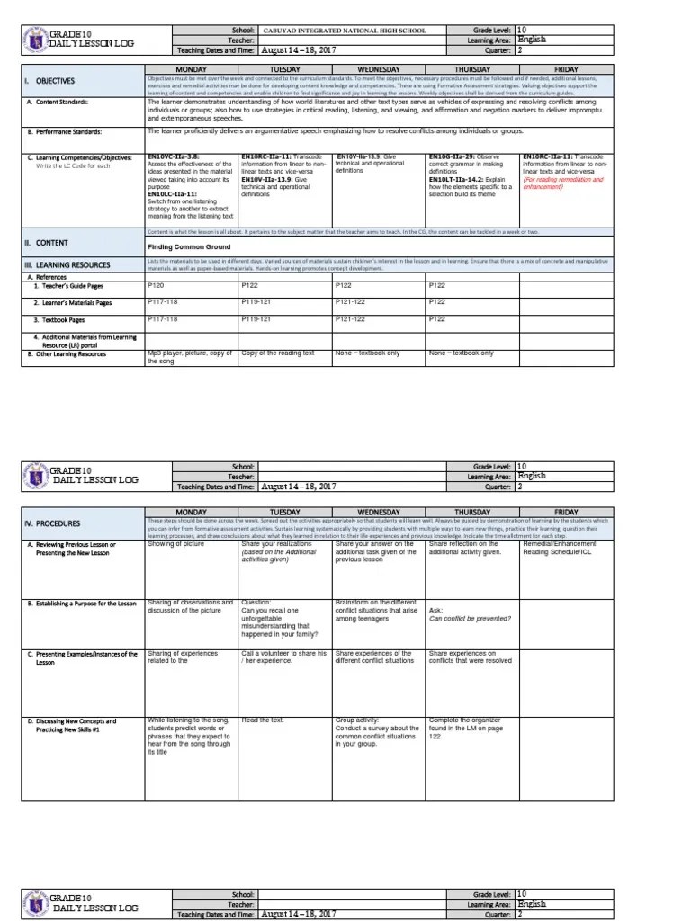 English 10 Dll Quarter Learning Curriculum
