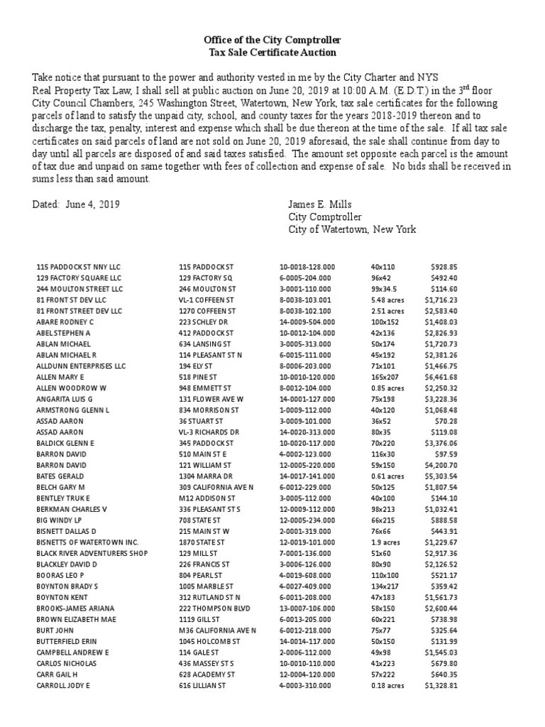 City of Watertown Tax Sale List 2019 Private Law Property Law
