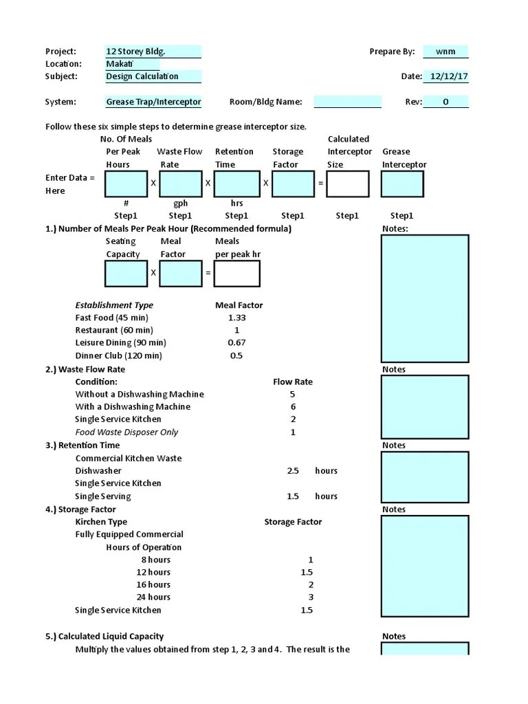 Template Grease Trap Interceptor Calculation Rev0 PDF Kitchen