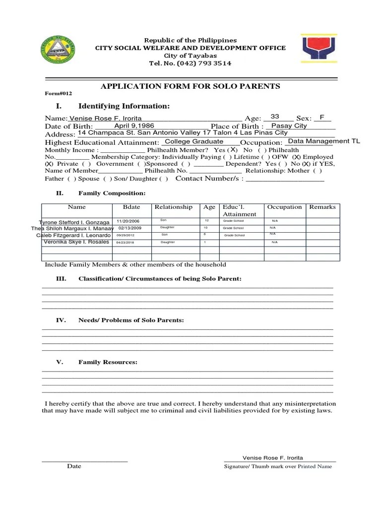 SOLO PARENT ID Application Form(1) Government Politics Free 30