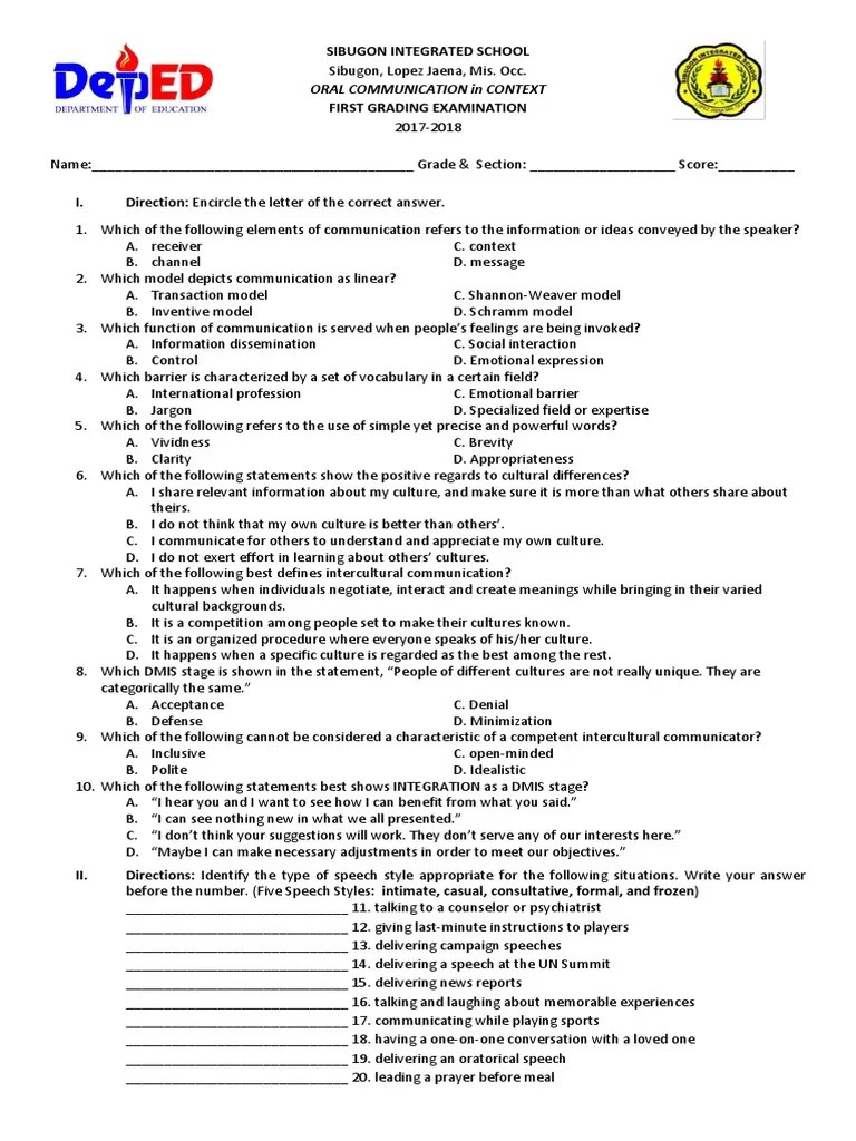 Oral Communication 1st Sem Exam PDF Conversation Communication