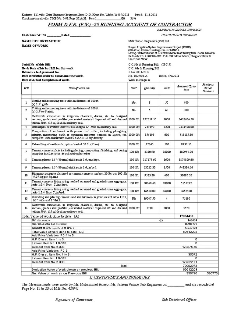 5th Running Bill PDF Concrete Cement