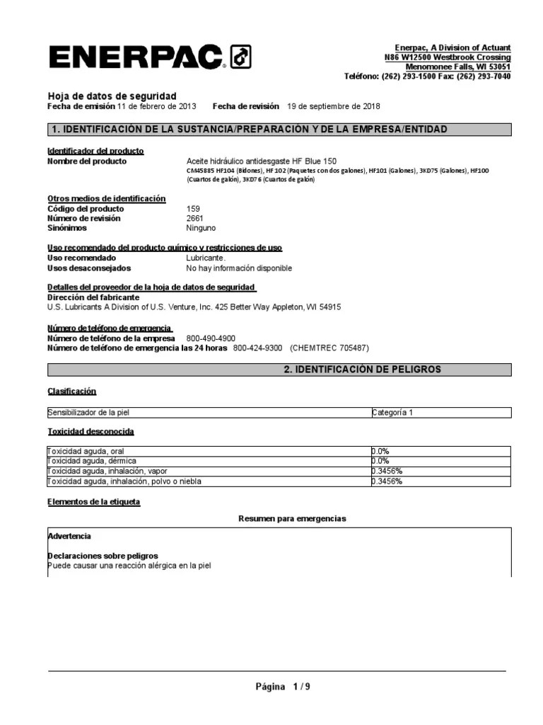 HF150 Oil Safety Data Sheet ESLA PDF Tolueno Agua