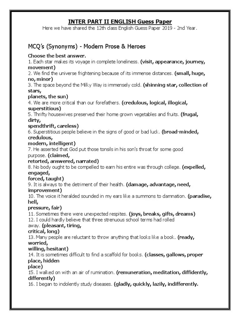 MCQ's (Synonyms) Modern Prose & Heroes Inter Part Ii English Guess